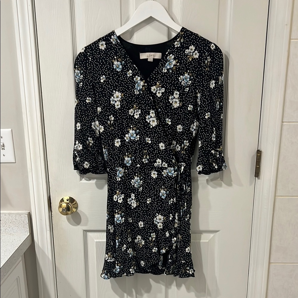 LOFT Black Romper with White and Blue Floral Pattern